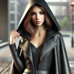 woman wearing leather cloak with hood